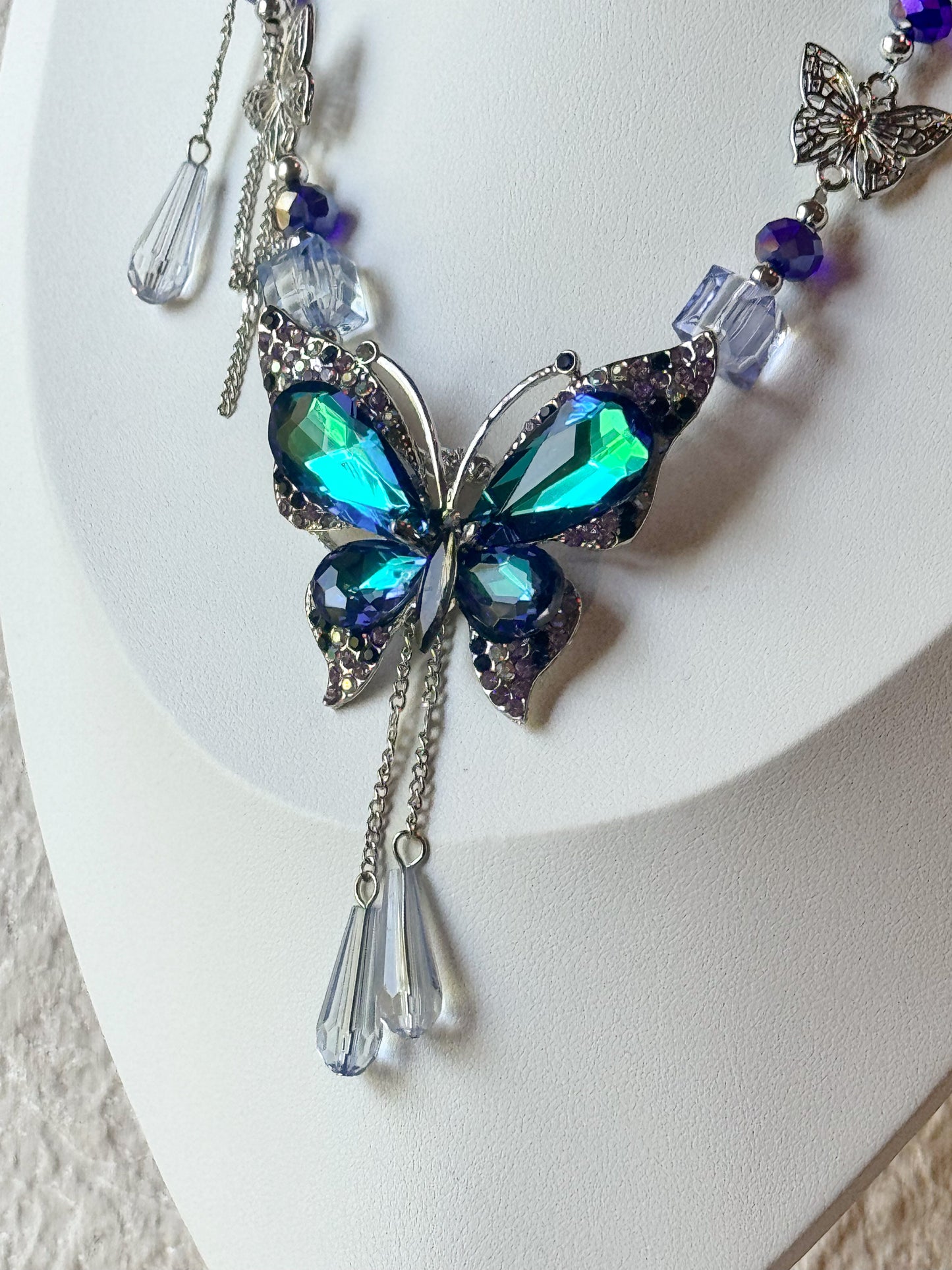Aurora Butterfly Crystal Necklace in Blue & Silver