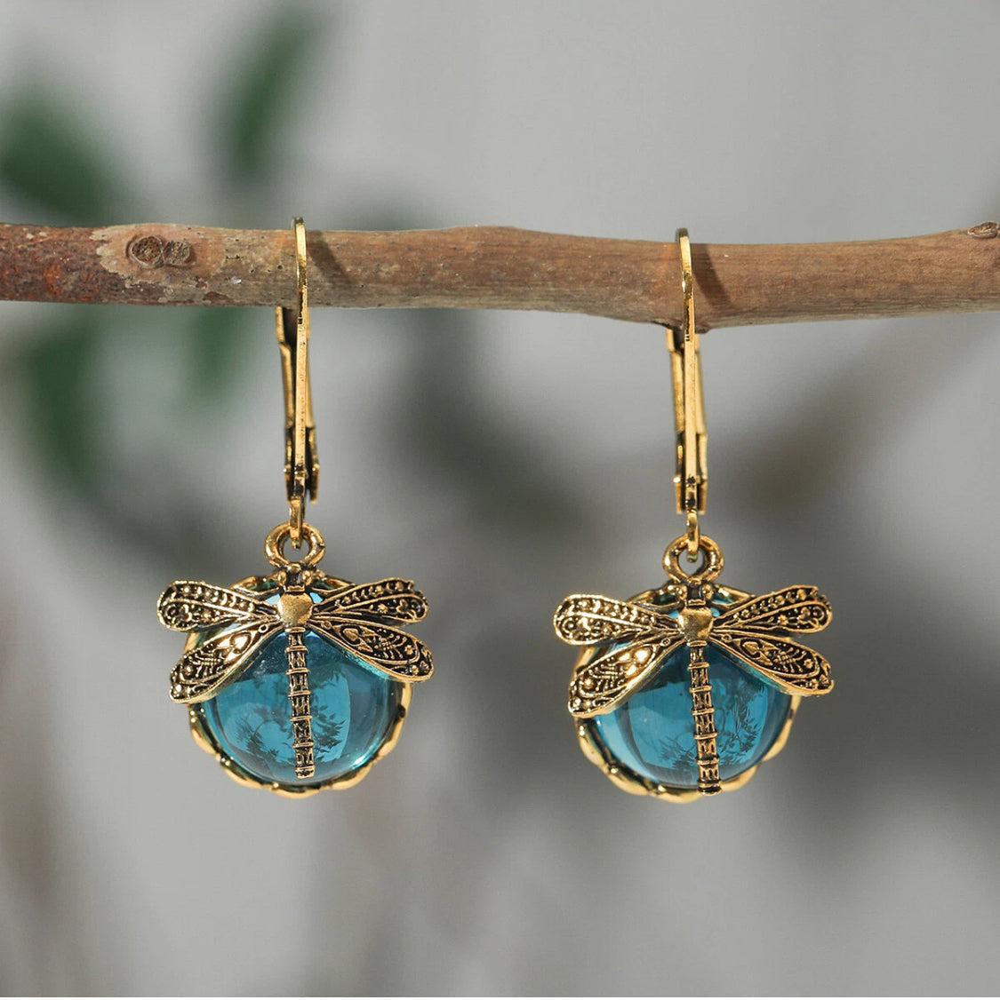 Dragonfly Glow Earrings Blue & Gold