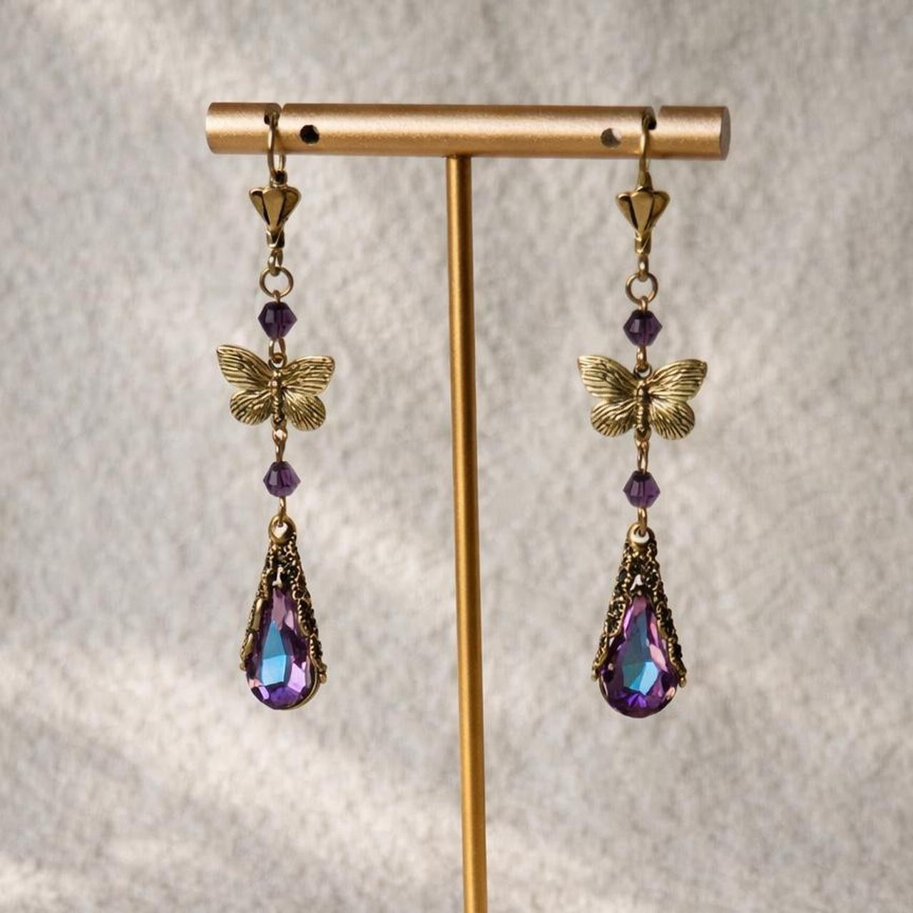 Beautiful Butterfly Drop Earrings with Purple Crystal