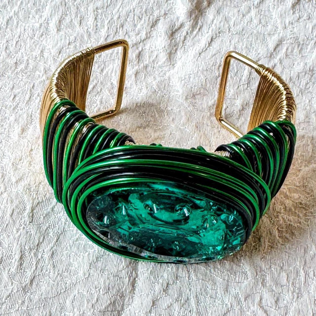 Emerald Green Wire Wrapped Statement Cuff Bracelet