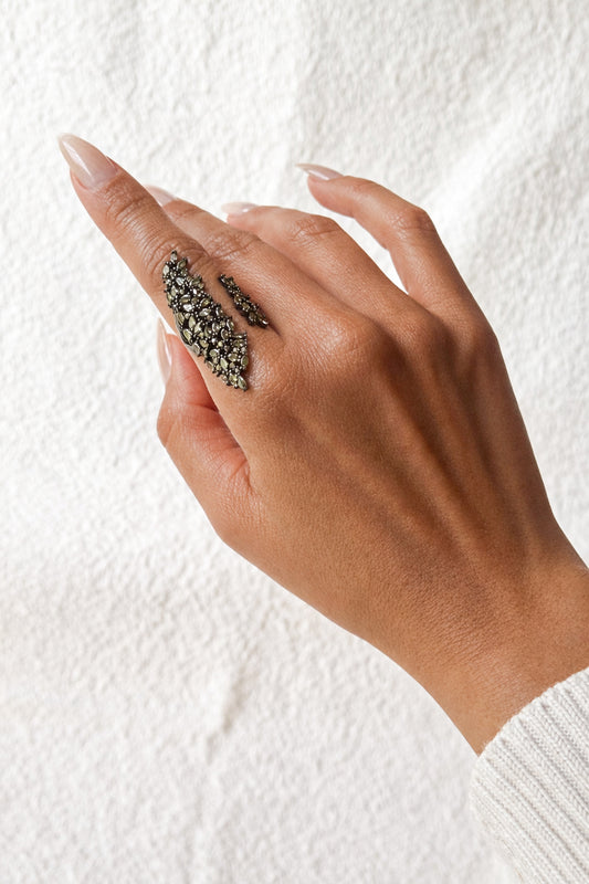 Olive Green Cubic Zirconia Statement Ring – Adjustable Open Band