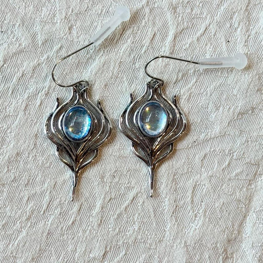 Silver Feather Drop Earrings with Blue Iridescent Stone