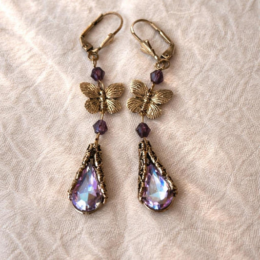 Beautiful Butterfly Drop Earrings with Purple Crystal