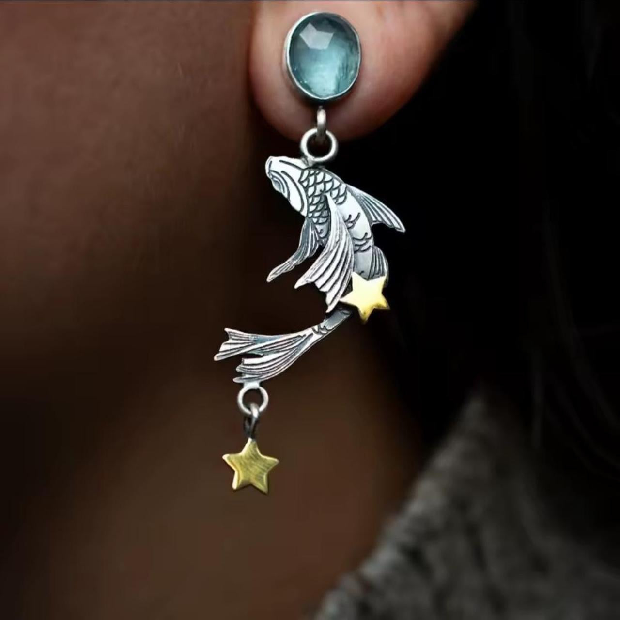 Fish & Star Dangle Earrings with Blue Stone