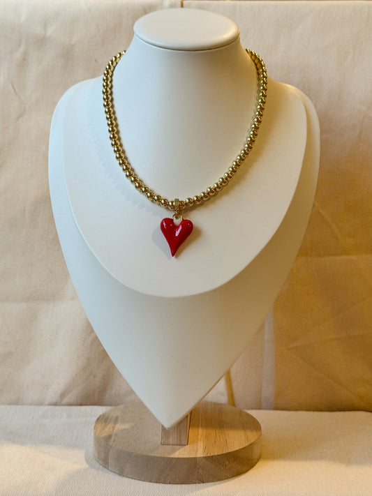 Red Heart Gold Bead Necklace