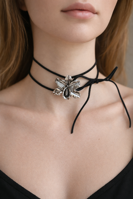 Silver Floral Tie Choker Necklace