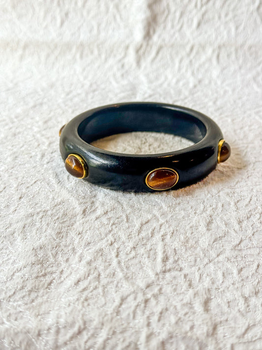 Black Resin Bangle with Amber-Tone Cabochons