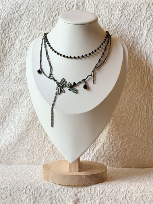 Black Botanical Layered Necklace Set