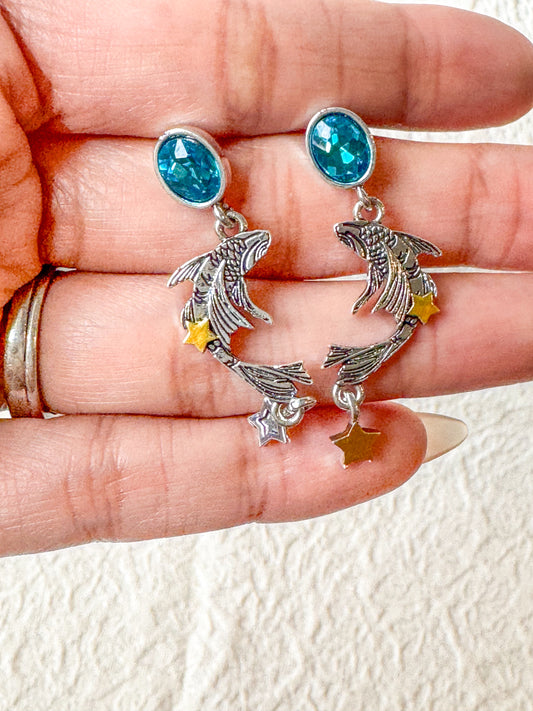 Fish & Star Dangle Earrings with Blue Stone