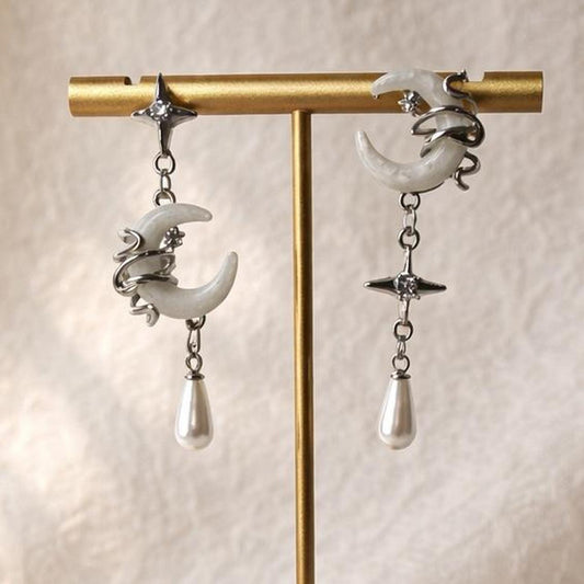 Elegant Moon & Star Pearl Drop Earrings