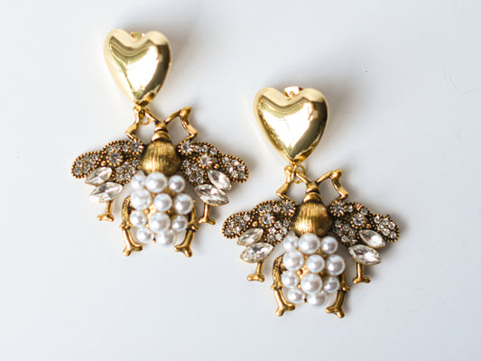 Pearl Bee Heart Drop Earrings