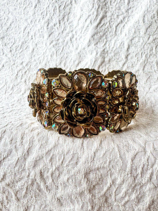 Antique Gold Floral Crystal Stretch Cuff Bracelet