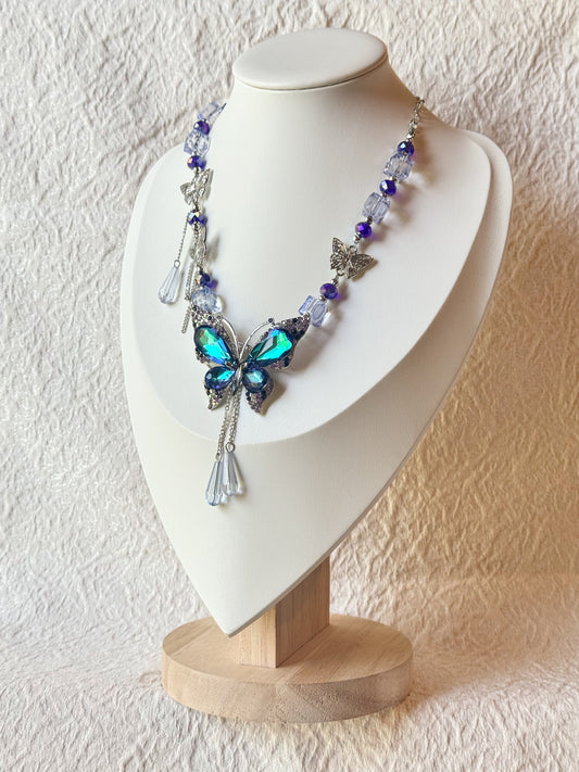 Aurora Butterfly Crystal Necklace in Blue & Silver