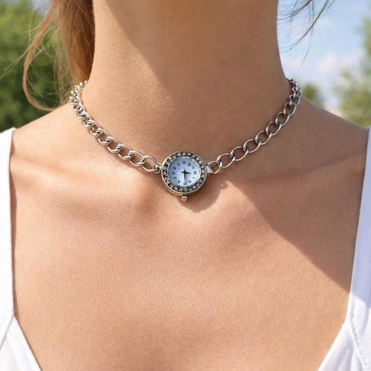 Elegant Silver Clock Choker Necklace
