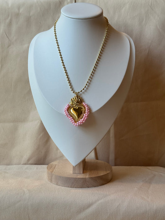 Pink Beaded Golden Heart Necklace