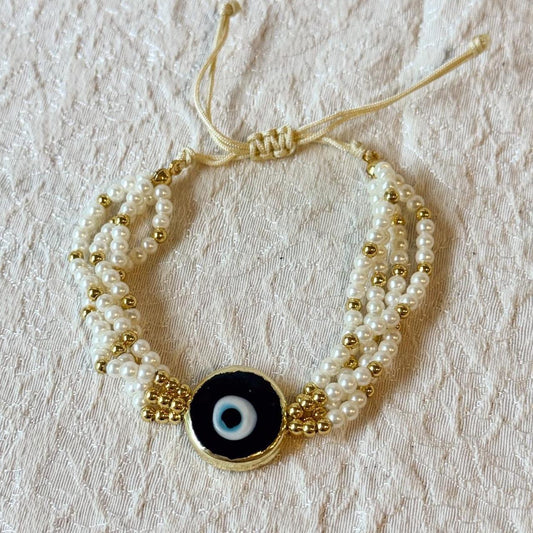 Pearl Evil Eye Bracelet – Gold Tone Multi Strand Adjustable