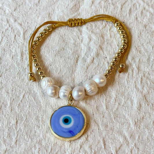 Pearl Evil Eye Bracelet – Gold Tone Adjustable