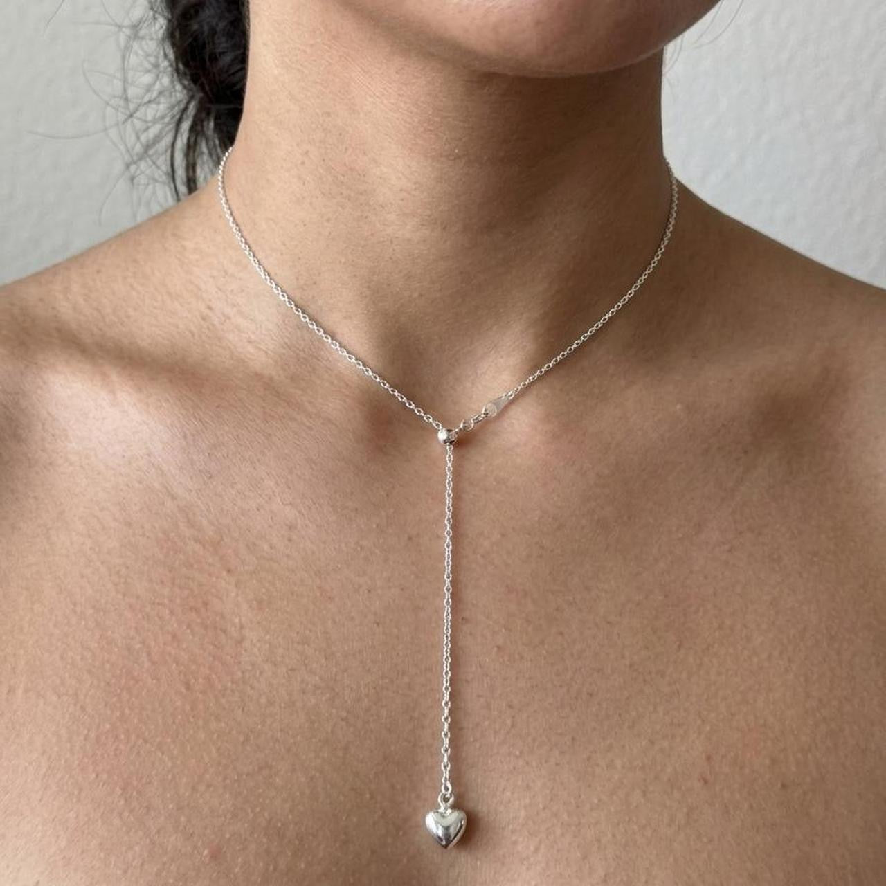 Stunning Adjustable Silver Heart Lariat Necklace