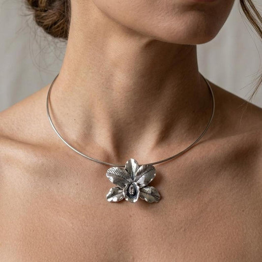 Stunning Silver Orchid Statement Choker Necklace