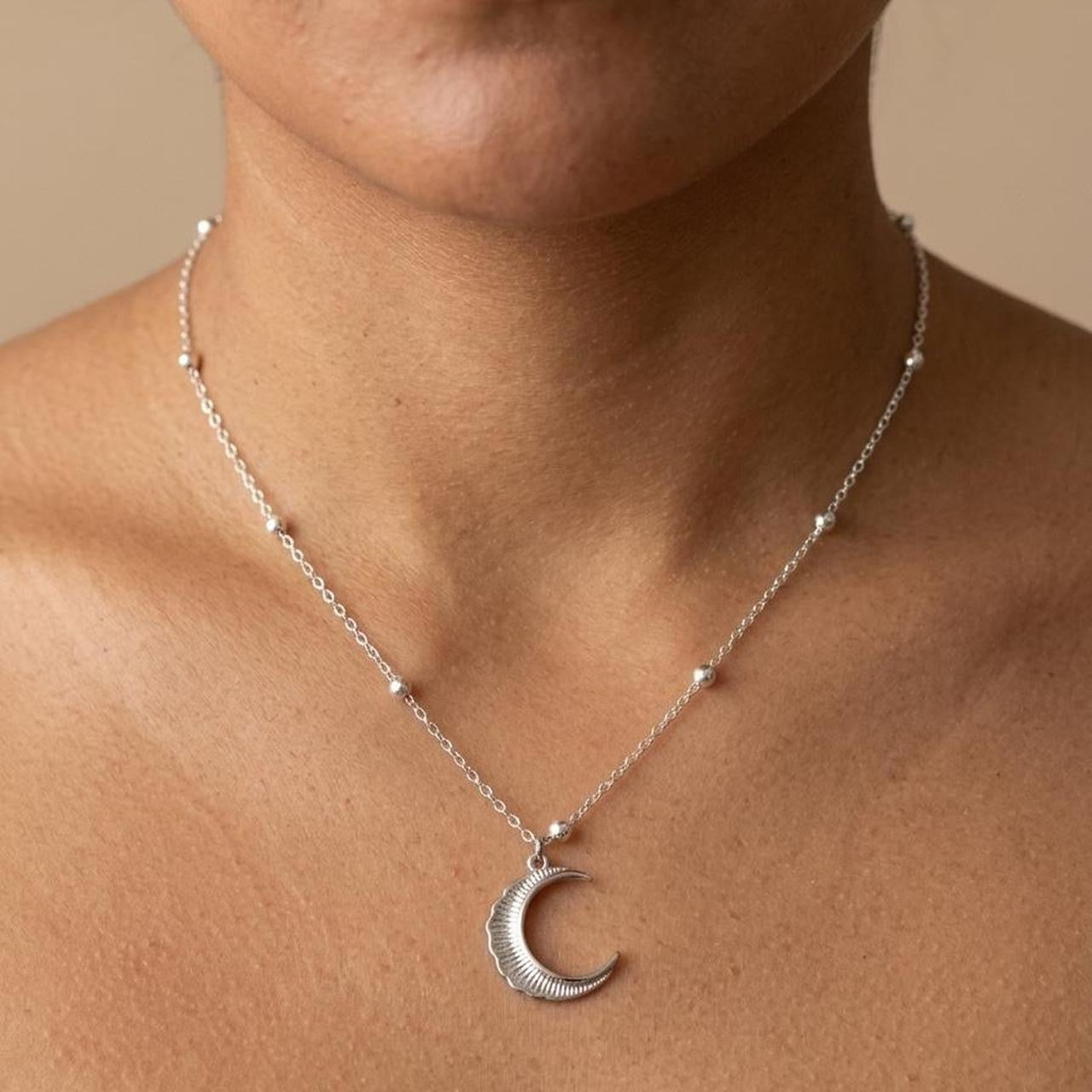 Stunning Silver Crescent Moon Beaded Necklace