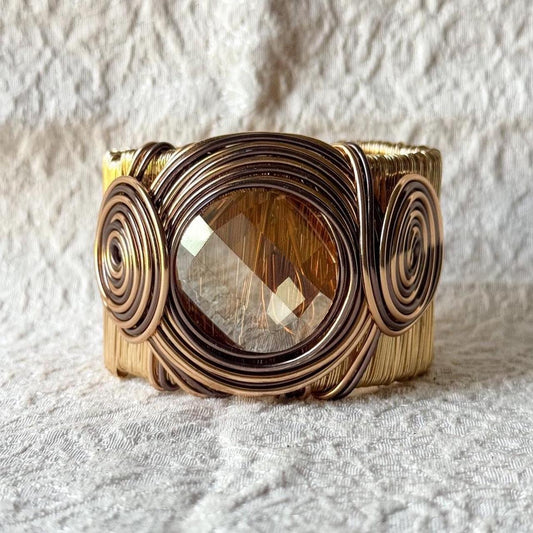 Gold Wire Wrapped Cuff Bracelet with Faceted Statement Stone